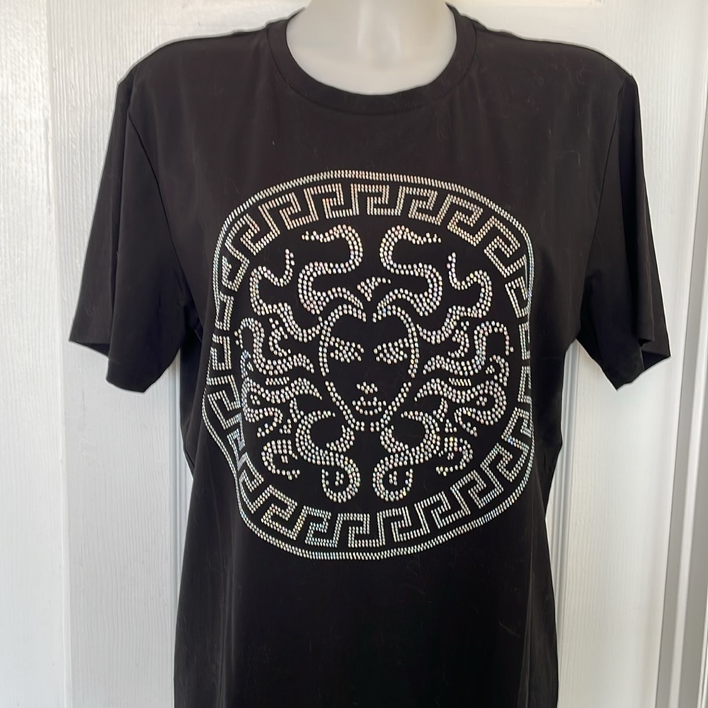 GG PREMIUM CRYSTAL MEDUSA TEE SHIRT BLACK WITH MULTI COLOR CRYSTALS SIZE LARGE